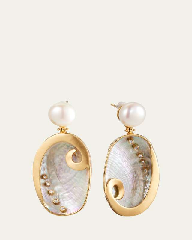 18K Yellow Gold Mother of Pearl Shell Earrings with Diamonds